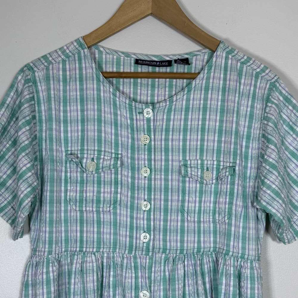 Vintage Womens Plaid Cotton Midi Dress L Green Button Front Prairie Cottagecore - Picture 3 of 9